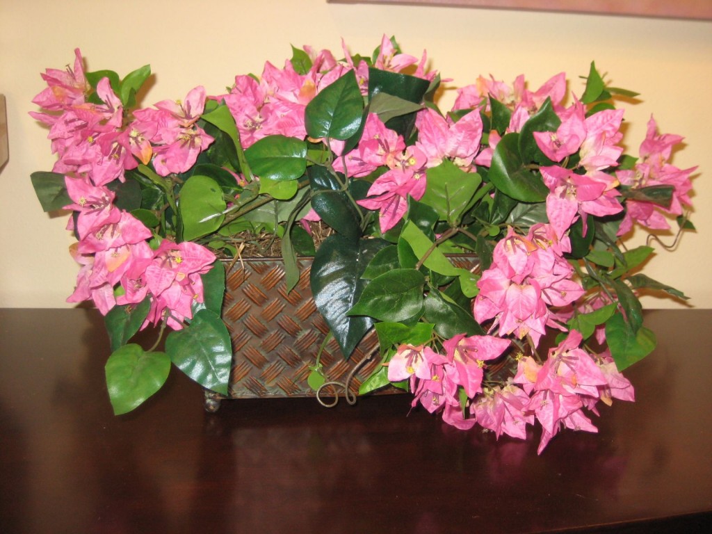 * SIL Pink Bougainvillea in a Basket Weave Metal Planter